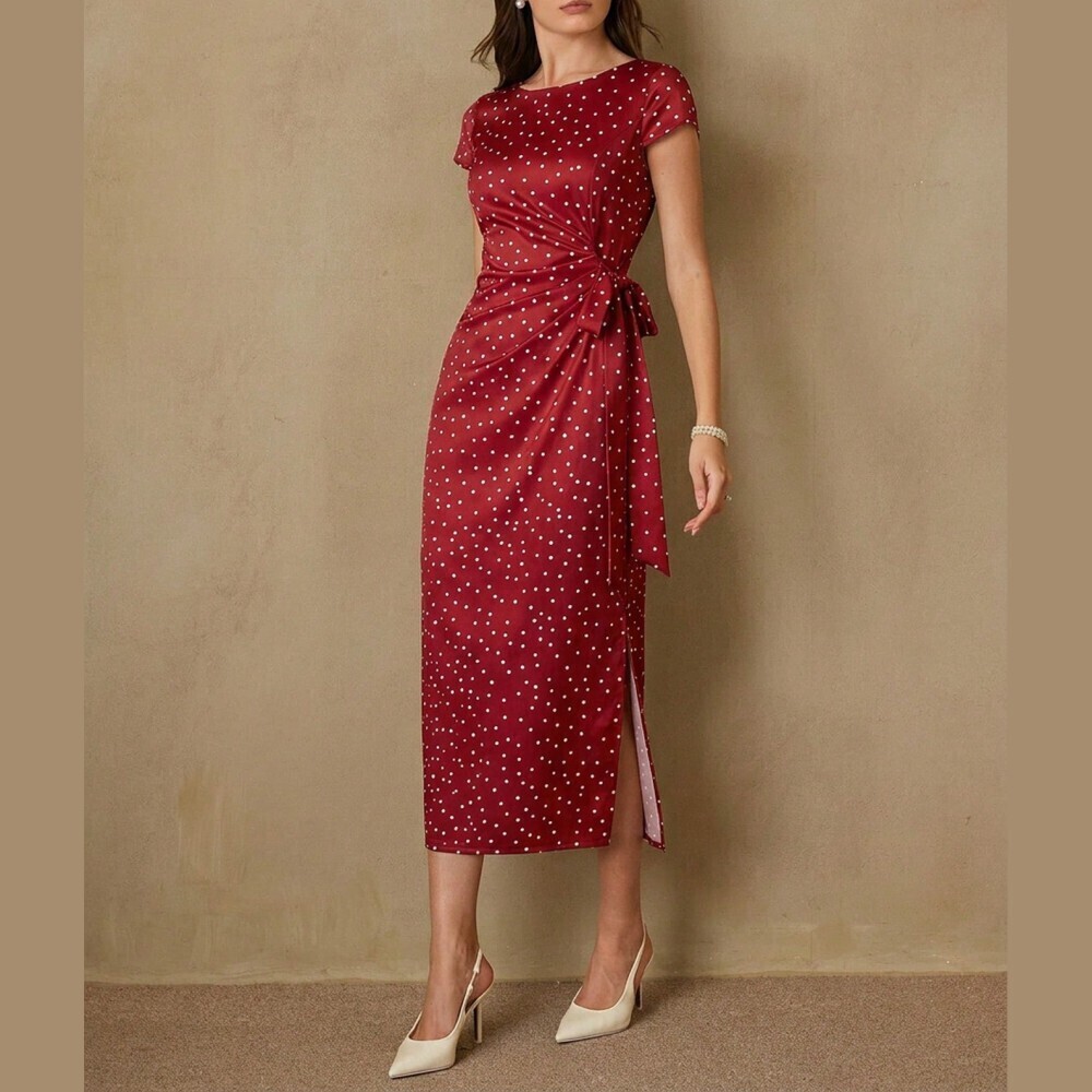 Burgundy Polka Dot Tie Waist Cap Sleeve Midi Dress